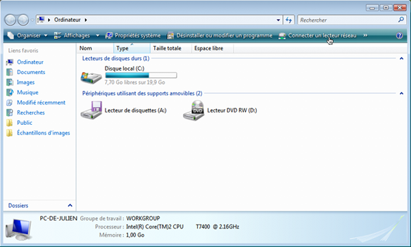 Fenêtre de connexion à un lecteur réseau Windows Vista
